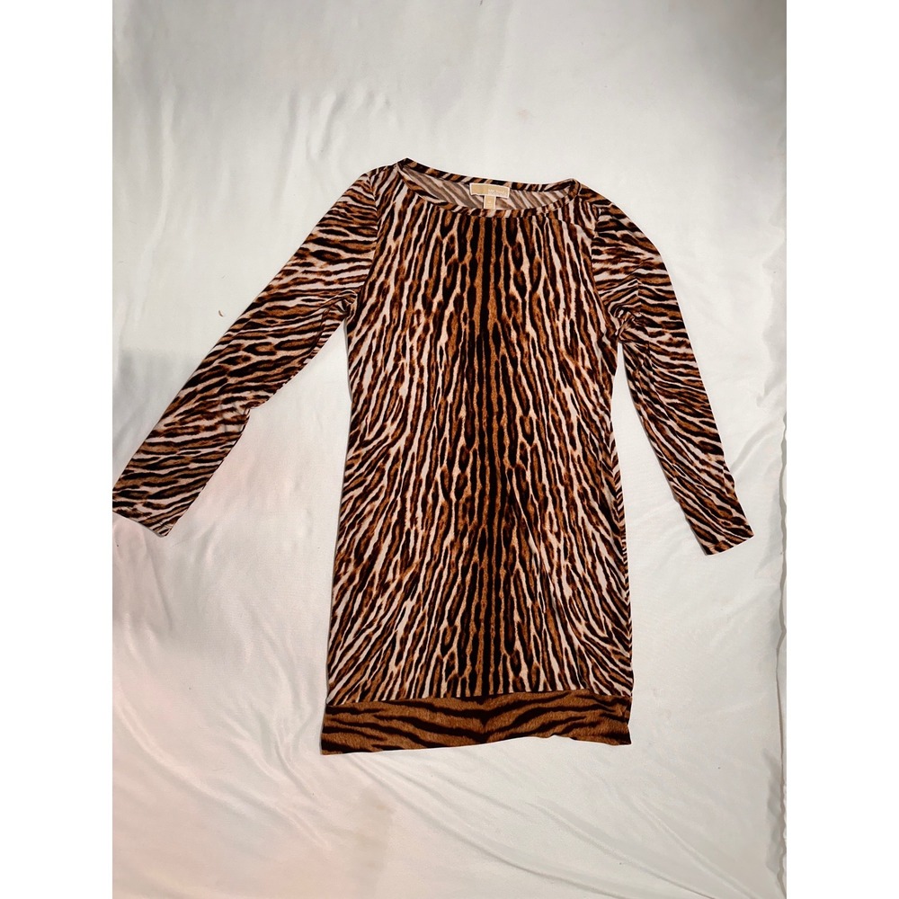 Michael Kors Womens Brown Tiger Animal Print Long Sleeve Boat Neck Tunic Top M
